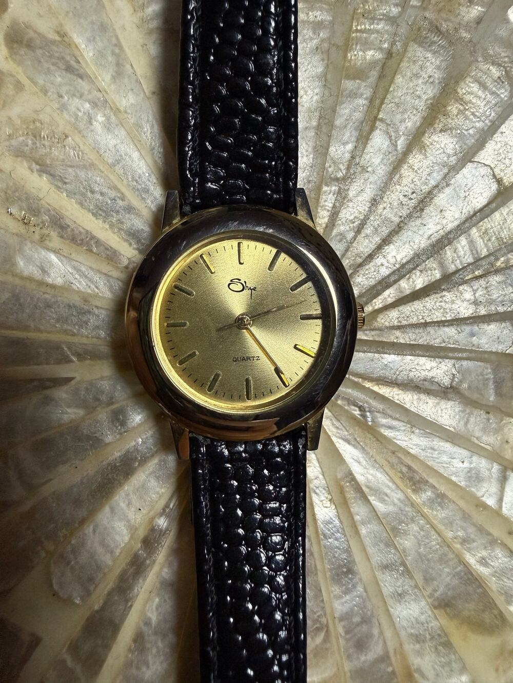 SHYE Gold Tone Watch with Genuine Black Leather Band | Minimalist Quartz Watch
